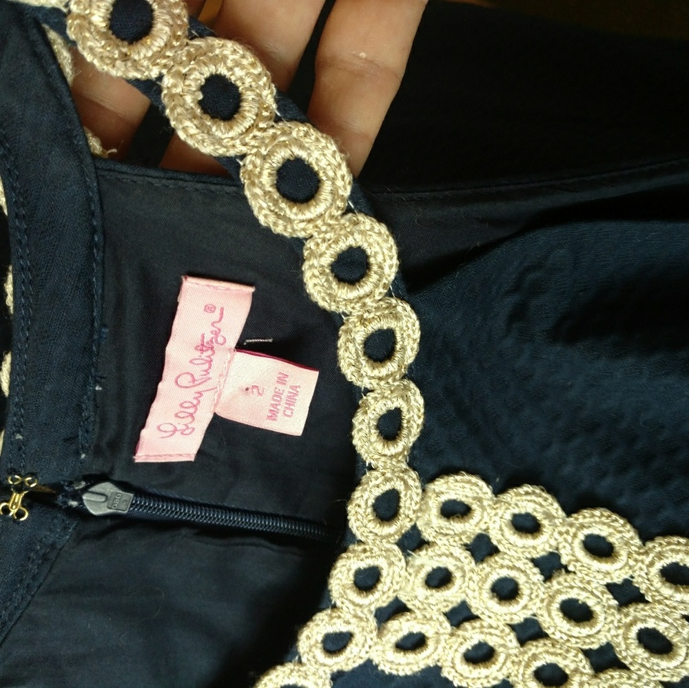 Lilly Pulitzer Sasha Shift Dress Blue Gold Lace 2 - Picture 7 of 8